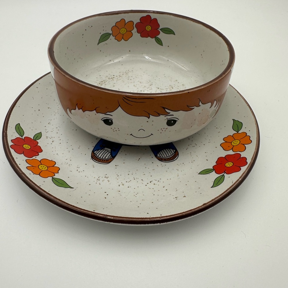 Vintage Child Dish Set Farmer Boy Plate & Bowl